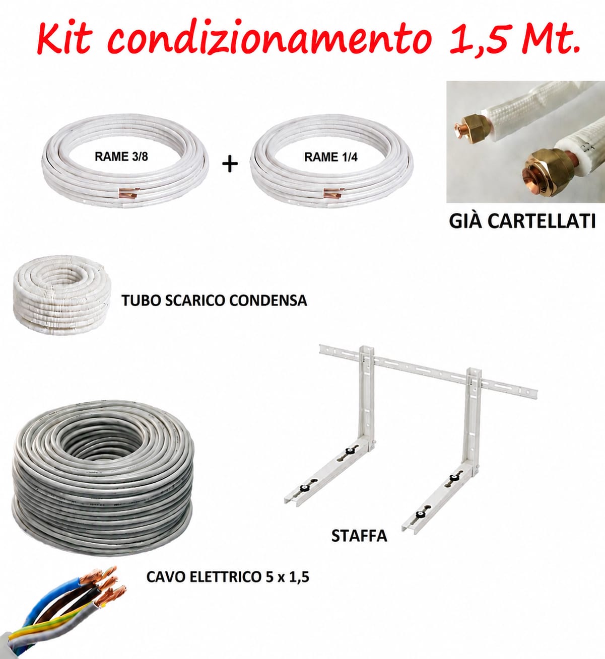 KIT INSTALLAZIONE CONDIZIONATORE CLIMATIZZATORE 1,5MT TUBO RAME 1/4" 3/8" STAFFE