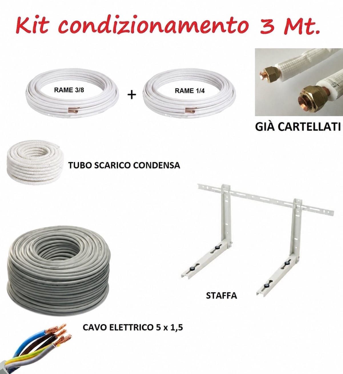 KIT INSTALLAZIONE CONDIZIONATORE CLIMATIZZATORE 3 MT TUBO RAME 1/4" 3/8" STAFFE