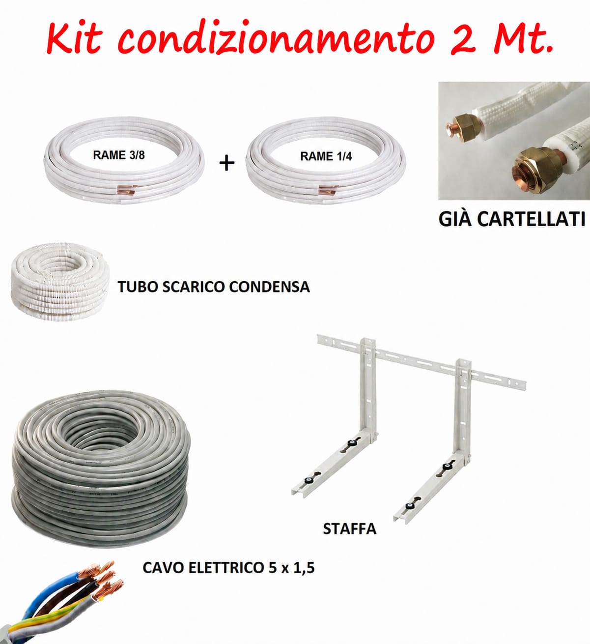 KIT INSTALLAZIONE CONDIZIONATORE CLIMATIZZATORE 2 MT TUBO RAME 1/4" 3/8" STAFFE