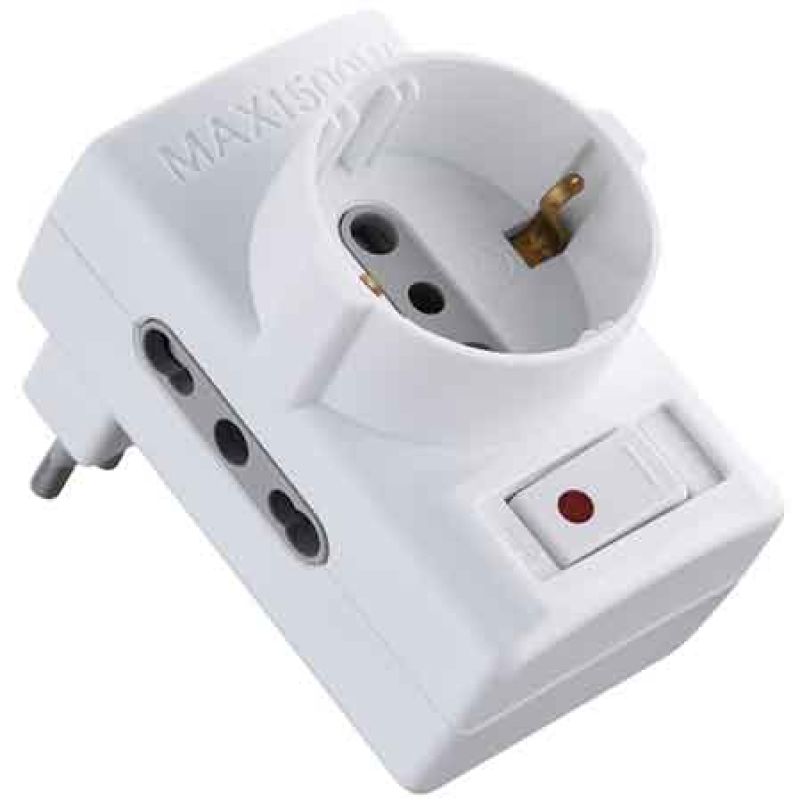 ADATTATORE TRIPLO C/INTERRUTTORE SOVRACCARICO 16A 2P+T - presa 10/16A 2P+T - Colore Bianco - immagine 2