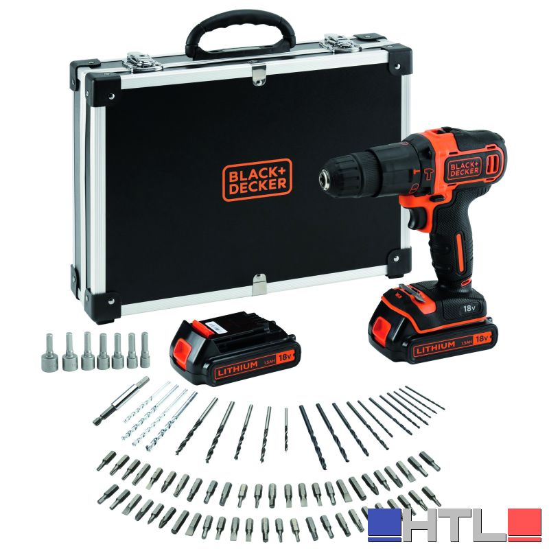Black+Decker TRAPANO AVVITATORE A PERCUSSIONE BDCHD18BAFC-QW 18V 2 batterie 1,5 Ah + 80 accessori