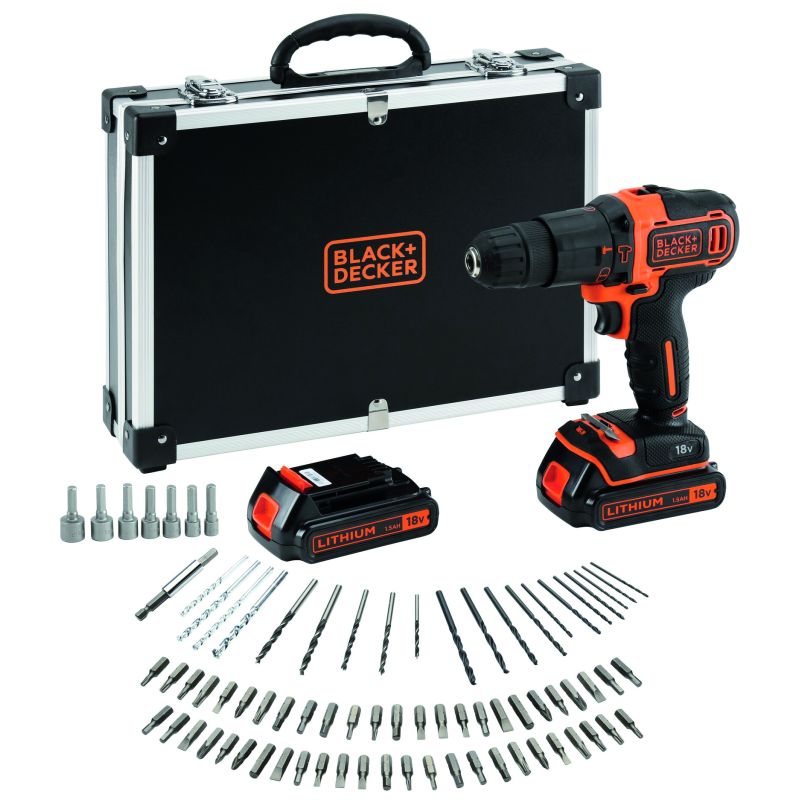 Black+Decker TRAPANO AVVITATORE A PERCUSSIONE BDCHD18BAFC-QW 18V 2 batterie 1,5 Ah + 80 accessori - immagine 2