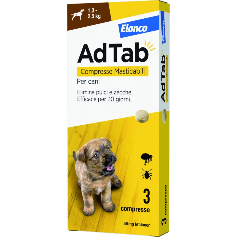 Elanco ANTIPARASSITARIO COMPRESSA MASTICABILE AdTab x cani 1,3÷2,5 kg. (cf. 3 compr. da 56,25 mg) - immagine 2