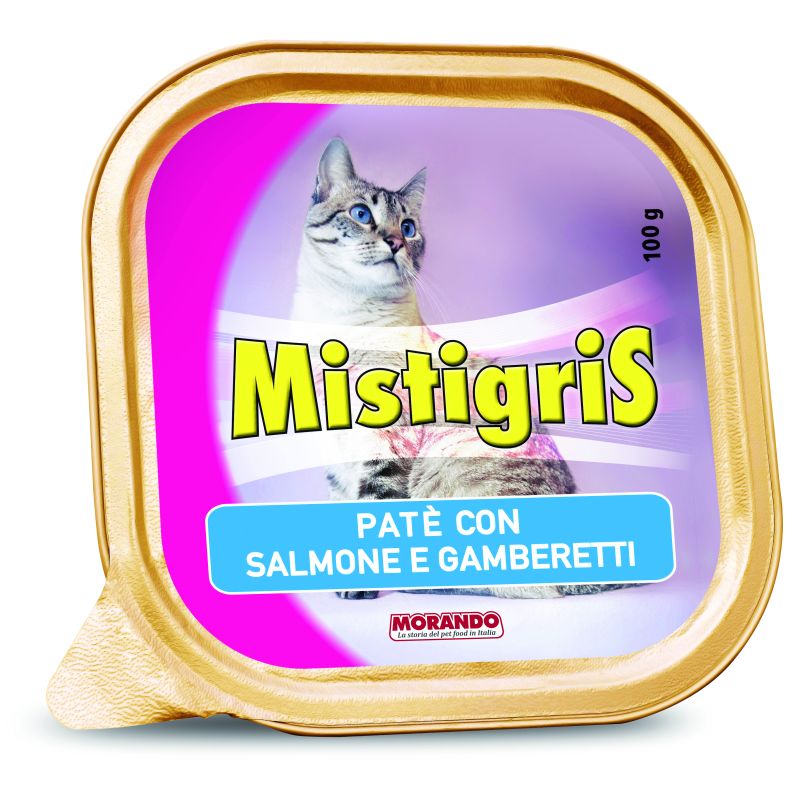 Morando PATÈ PER GATTI ''MISTIGRIS'' gusto salmone e gamberetti - gr. 100 (confezione da 32) - immagine 2